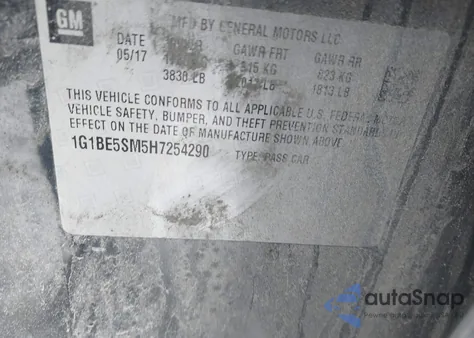 2017 Chevrolet Cruze Lt Auto z USA, uszkodzony, nr VIN 1G1BE5SM5H7254290